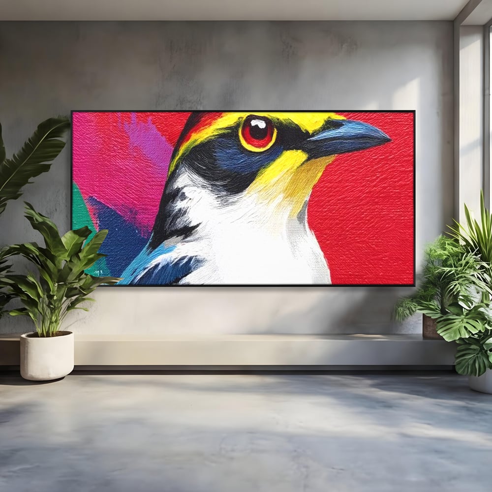 Tablou canvas cu tablou canvas cu pasare colorata in profil, in rama de aluminiu negru